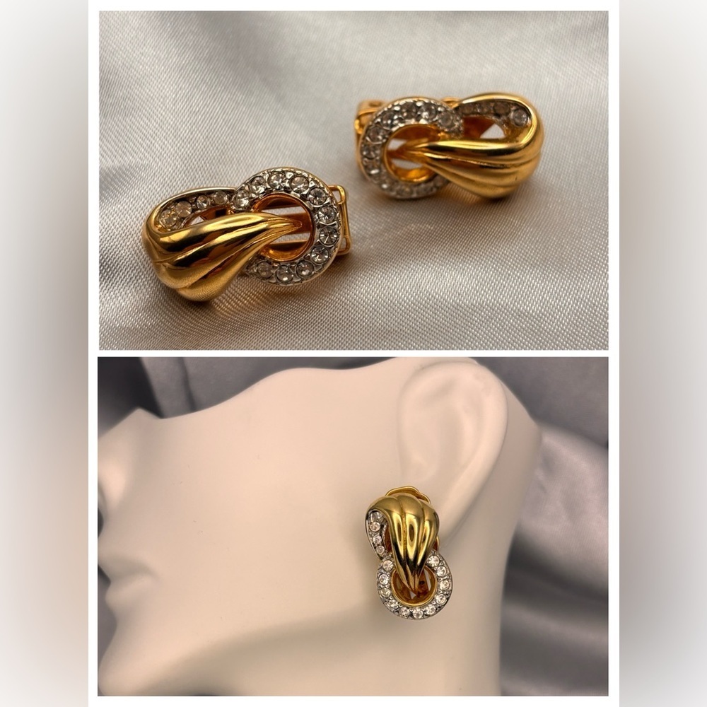 Vintage Keyes Gold Tone Pave Rhinestone Clip-On Earrings